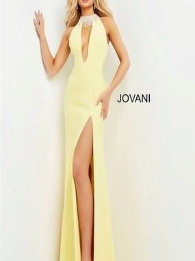Jovani Pale Yellow Halter Maxi Gown with Jeweled Neckline